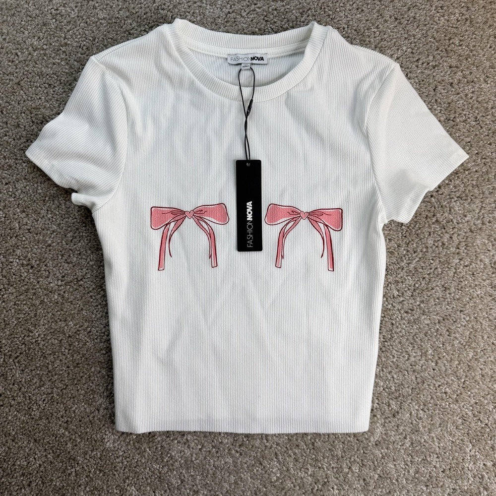 Fashion Nova Shirt Womens S White Southern Social Bow Tee Short Sleeve Top